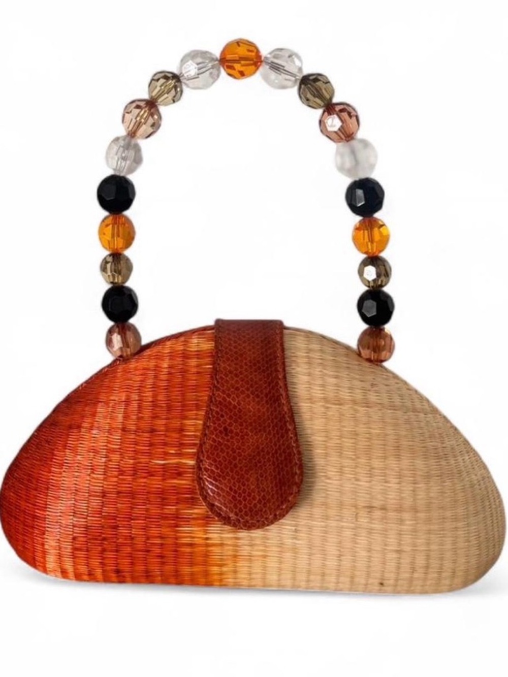Straw Mini Bag with Amber Beaded Handle - Brown/Orange - Picture 3 of 6